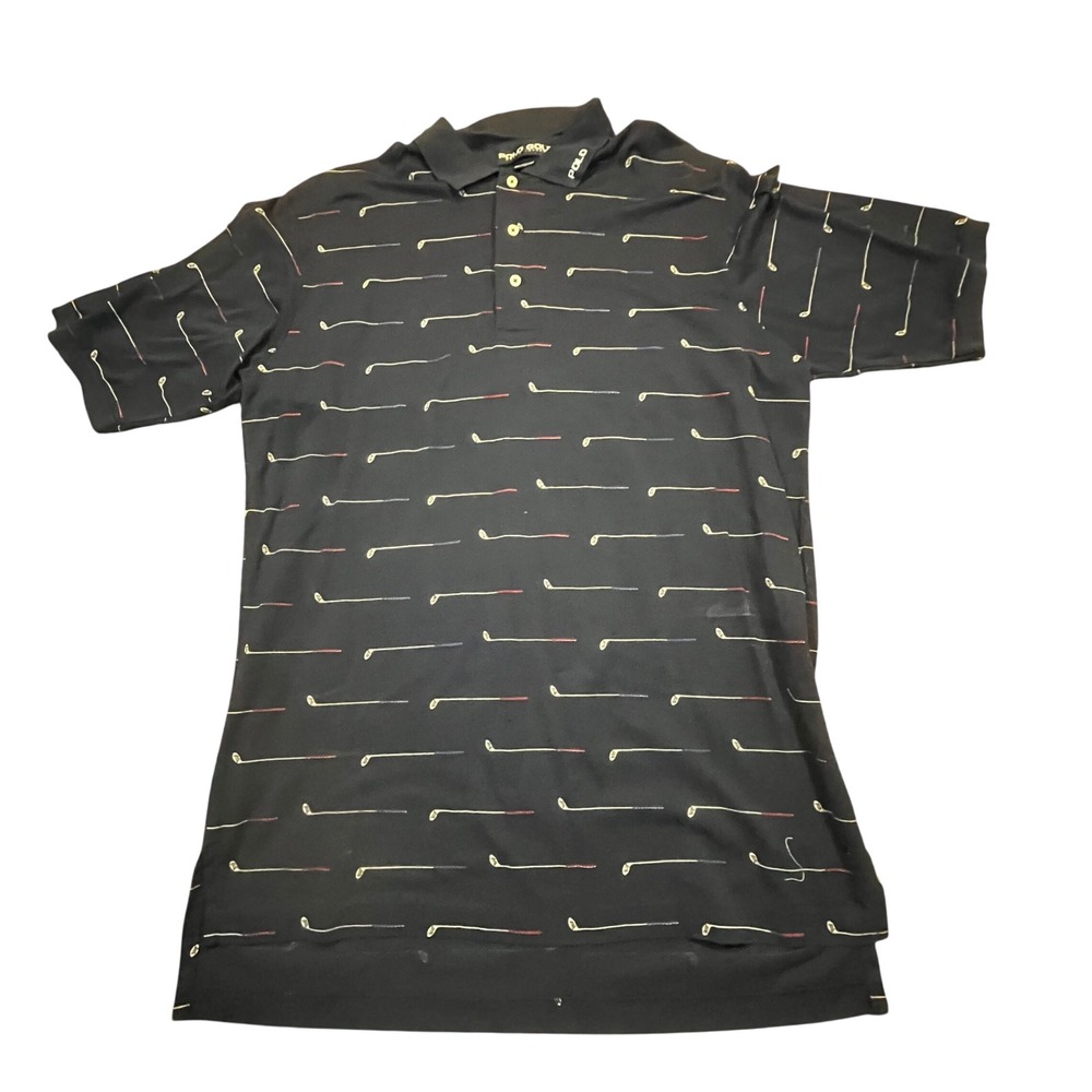 Vintage Polo Golf Ralph Lauren Mens Large‎ Navy Blue Golf Club Print Polo Shirt